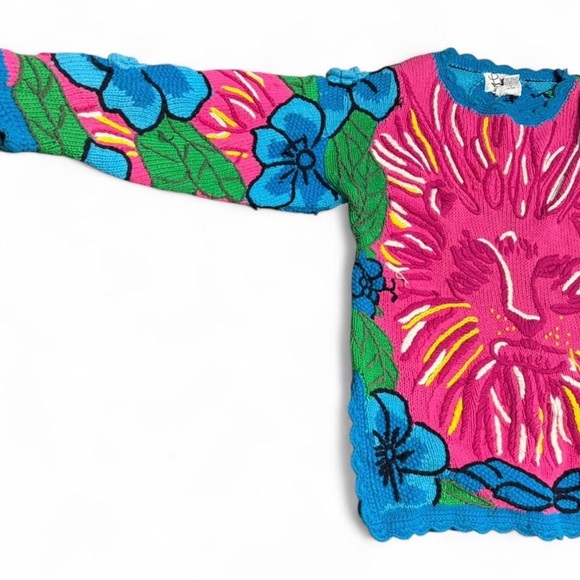 Vintage Lilly Pulitzer Lion Face Knit Cotton Sweater Blue and Pink Floral Size M - Picture 2 of 8